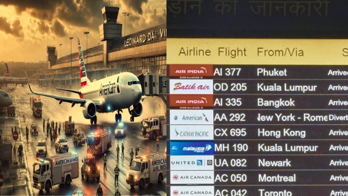 American Airlines flight at Rome and second picture shows timings of the diverted flight